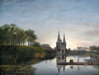 Olieverfschilderij met beboste stadswal met de Franekerpoort in Harlingen. Op de voorgrond een aantal personen.