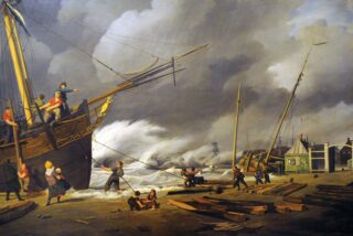 Schilderij van de Buitenhaven van Harlingen tijdens een storm. Nicolaas Baur (Harlingen 1767-1820) legde het vast in olieverf op paneel.