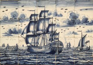 Tegeltableau met de walvisvaarder ‘de Jonge Boom’ door de Harlinger tegelschilder Pals Karsten