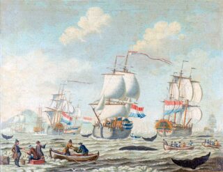 Whaling scene from circa 1750, oil paint.