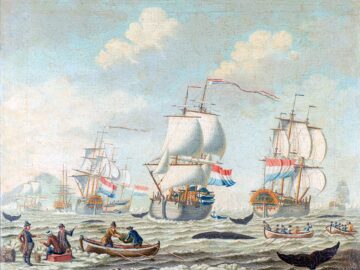 Whaling scene from circa 1750, oil paint.